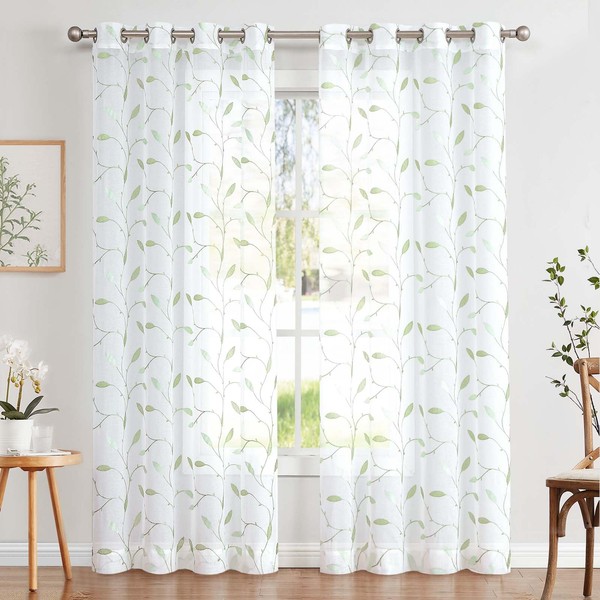 TOPICK Sheer Curtain Voile Curtains with Eyelets Leaf Embroidery Transparent Eyelet Curtain Gauze Pair Eyelet Curtains Leaf for Living Room Bedroom Store Curtains Decor Set of 2 Green on White 140 x 225 cm