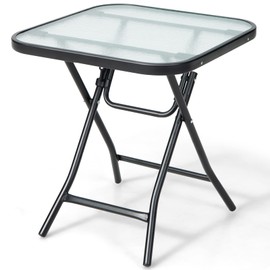 Tangkula Patio Bistro Table, 18" Square Glass Top Side Table with Rustproof Frame, Folding Coffee Table for Patio, Balcony, Backyard, Poolside(Black)