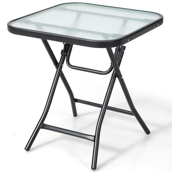 Tangkula Patio Bistro Table, 18" Square Glass Top Side Table