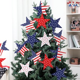 VioraWhite 18 Pcs Patriotic Tree Decorations Extra Large Red Blue White Star Picks Memorial Day Decorations 4th of July Tree Topper Ornaments for Independence Day Veterans Home Office Party Vase Decor