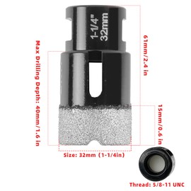 ZKH Diamond Core Drill Bits 1-1/4 Inch, Vacuum Brazed Hole Saw, Tile Drill Bits with 5/8-11 Thread, Apply for Porcelain Ceramic Marble Stone Glass Granite