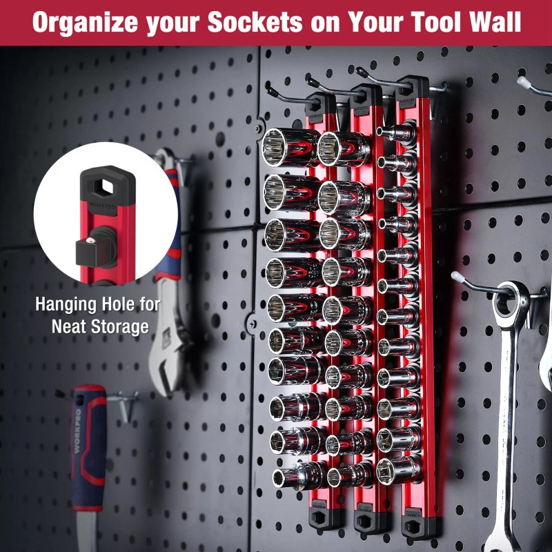 WORKPRO 3-PACK Magnetic Socket Organizer Set 1/4" 3/8" 1/2" Drive