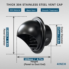 4inch Air Vent Cap, Thick 304 Stainless Steel Cap Exterior Cover with Mesh for Apartment, Garage, House - Black