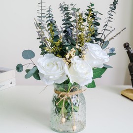 Artificial Dried Flower Arrangement with Vase – Fake Flowers in a Vase, Including Dried Lavender, Eucalyptus, and Faux Roses for Home Décor, Dining Table Centerpieces, and Kitchen Table Decorations