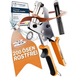 CRAFTUS® Professional Eyelet Pliers Set with 200 Rustproof Eyelets (Diameter 10 mm), Magnetic Eyelet Press Made of Hardened Steel for Fabrics and Tarpaulins, Eyelet Punch for Tarpaulin/Metal Eyelets