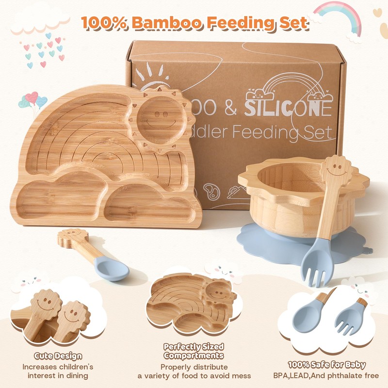 Bamboo Suction Plates Bowls Set for Baby Toddler - Includes