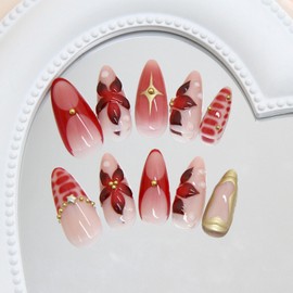 24Pcs Red Flower Press on Nails Medium Almond Fake Nails with 3D Floral Beads Designs Full Cover Acrylic False Nail Tips Tortoise Shell Gold Star Glue on Nails for Women Manicure Kit