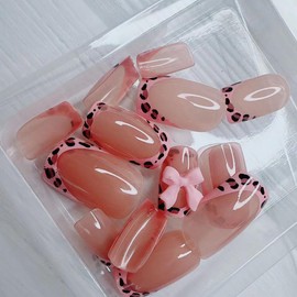 24Pcs Leopard French Tip Press on Nails Short Square Fake Nails Pink Glossy Bow Designs Full Cover Nude Glue on Nails Cute False Nail Stick on Nail for Women Girls Medium Manicure Decorations