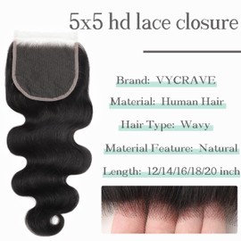 5x5 SKINLIKE Real HD Lace Closure Only, 0.095mm Ultra-thin Invisible HD Lace Closure Pre Plucked Single Knot Body Wave Human Hair Lace Closure 18 inch