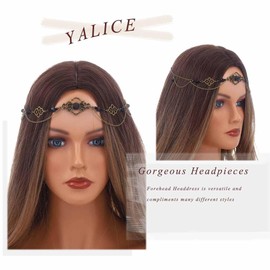 Yalice Boho Rhinestone Head Chain Jewelry Crescent Moon Headpieces Pagan Headband Chains Pentagram Witchy Forehead Chain Gifts for Women (Bronze-Black, One Size)