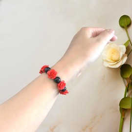 MLEPUS Rose Flower Bracelets for Women Vintage Elastic Simulated Coral Bead red and black Bracelet Fashion Jewelry Mother Bracelet Anniversary Christmas Jewelry Gift