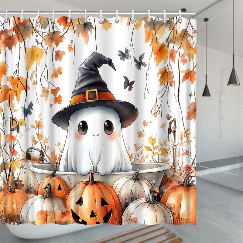Funny Ghost Shower Curtain Fall Spooky Ghost Take Bath Bat