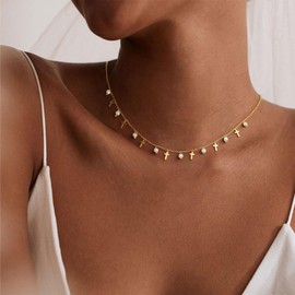 Gold Cross Charm Choker Necklace For Women Pearl Silver Chain Dainty Trendy Small Pendant Necklaces Non Tarnish Gemstone 18K Jewelry (Gold,Pearl)