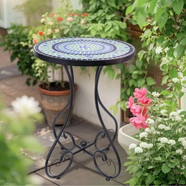 VCUTEKA Mosaic Outdoor Side Table, Round Rustproof Patio Table with 14" Ceramic Tile Top, Indoor Porch Accent Table for Yard, Garden, Living Room, Bistro Balcony, Blue