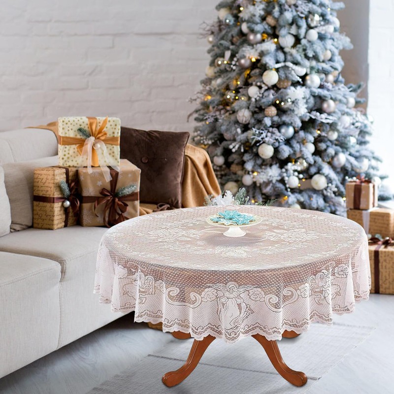 Round Tablecloth, Christmas Lace Angel Snowflake White Table Cover -