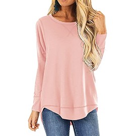 HIYIYEZI Fall Tops for Women Long Sleeve Side Split Casual Loose Tunic Top (Large,Light pink)