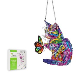 Ginfonr Diamond Painting Kits Hanging Pendant, Cat Sun Catcher for Front Door Sign, Special Shaped Rhinestone Butterfly Diamond Art, Summer Porch Decor for Outdoor Garden Wall Window (8 x 8 inch)