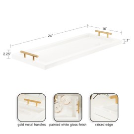 Kate and Laurel Halsey Rectangle Decorative Narrow Tray with Gold Metal Handles, 24 x 10, White and Gold, Modern Glam Slim Serving Tray with Handles for Living Room Decor