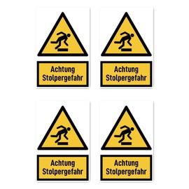 Sticker 112.5 x 75 mm, Pack of 4 – Achtung Stolpergefahr – Warning Sign with Text (German) (Yellow/Black) – Vertical – W007 – DIN EN ISO 7010 / ASR A1.3