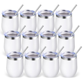 Volhoply 12oz Stainless Steel Wine Tumbler with Lid Bulk 12 Pack,Double Wall Vacuum Stemless Wine Glasses,Reusable Metal Travel Coffe Mug with Straw,Insulated Cups Gifts for Christmas（White,12 Set）