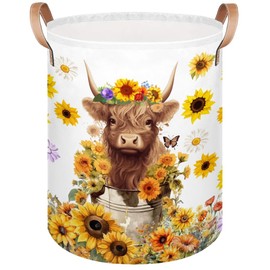 Large Laundry Basket Collapsible Tall Laundry Hamper Yellow Cute Sunflower Floral Animal Cow Round Storage Bin Storage Baskets for Kids Boys Girls Toys Clothes Hamper Laundry Bag Organizer, 70L