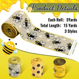 Honeybee RibbonH, Wired Ribbon – Versatile Ribbon for Gift Wrapping, Delightful Gift Ribbon with Bee Pattern, Honeybee Ribbon Wired Edge, Yellow Satin with Honeybee Polka Dot