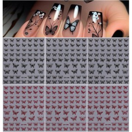 6Pcs Glitter Butterfly Nail Art Stickers, Shiny Butterfly Nail Decals 3D Black Red Self-Adhesive Small Butterfly Nail Stickers French Nails DIY Butterflies Nail Sticker for Women DIY Nail Supplies
