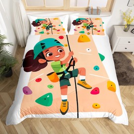 Erosebridal Cartoon Kid Climbing Twin Size Bedding Set for Boys Girls, Colorful Climbing Wall Printed Duvet Cover for Kids, Rock Climber Duvet Cover Set, Bouldering Sports Theme Bed Sets