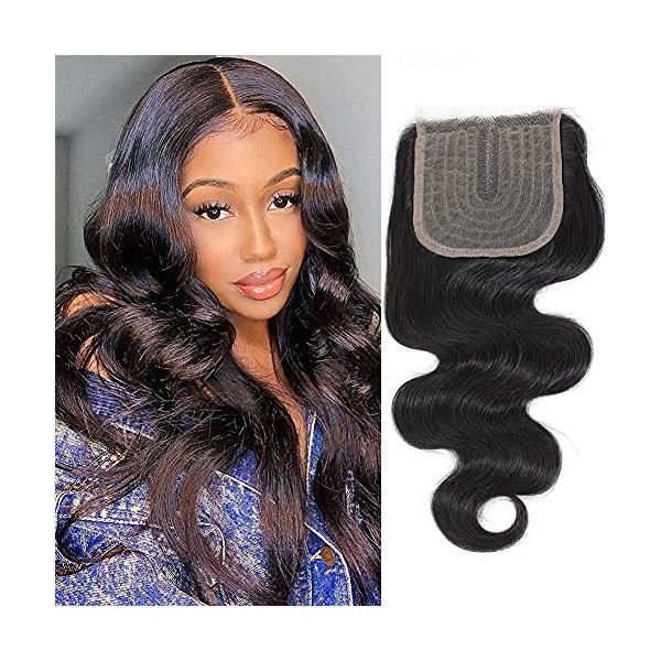 Amella Hair Body Wave T part Human Hair lace Closure Middle Part 100% Unprocessed Brazilian Human Remy Hair 4x0.75inch Lace Closure Can Be Dyed and Bleached Natural Black Color 10inch