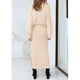 PRETTYGARDEN Women's Two Piece Matching Sweater Sets Knit Long Sleeve Pullover Tops Bodycon Long Maxi Skirts Fall Outfits (Beige,Small)