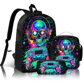Kids Backpack for School Boys Game Bookbag for Elementary Middle School Ages 6-18 Travel Back Pack Kids Children Gaming Skull 3pcs Boys Backpack with Lunch Box & Pencil Case 17″ Large Capacity