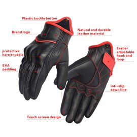 Harssidanzar Motorcycle Gloves for Men Fleece Lined Winter Warm GoatSkin Leather TouchScreen Motorcycle Gloves GM041UK, Black/Red, Size Large