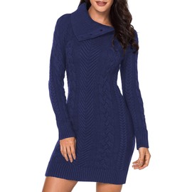 BLENCOT Womens Winter Sweater Dress Asymmetric Collar Long Sleeve Cable Knit Chunky Sweater Jumper Blue Small