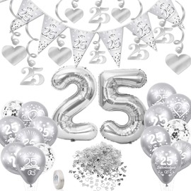 DPKOW Silver Wedding Anniversary Decoration, 25th Wedding Anniversary Balloons Foil Balloons Confetti, 25th Wedding Anniversary Bunting Banner, Silver Wedding Spiral Garlands Hanging Decoration for