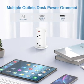 Pop up Outlet for Countertop,GaN 65W USB C Fast Charging Port,2.5-inch Hole Desktop Power Grommet,Recessed Power Strip,4 Outlets 4 USB Ports,15Amp Tamper Resistant Receptacle(White)