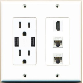 Wallplate City 1 Port HD 2 CAT5E Ethernet Female Wall Plate + 2 USB Charger Power Outlet