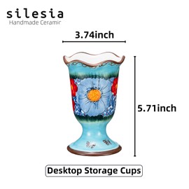 silesia Handmade Home Desktop Storage Cups, Ceramic Hand-Painted Makeup Brush Holder Organizer, Pen Holder, Toothbrush and Toothpaste Holders, Small Plant Pots Indoor with Drainage, Glazed Blue