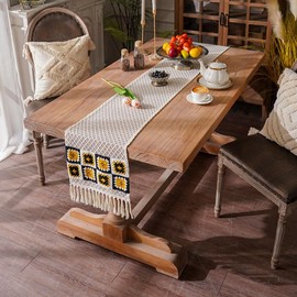 SUTAVIA Natural Cotton Lace Table Runner Black Floral Embroidery Beige Macrame Tassel Boho Table Runners Farmhouse Decor for Home Dining Table Holiday Party (Black Beige, 12"x60")