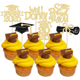 Gyufise 24Pcs Congrats Grad 2025 Cupcake Toppers Glitter 2025 Graduation Done Diploma Cupcake Picks Class of 2025 Cupcake Decorations for 2025 Graduation Theme Party Supplies Gold