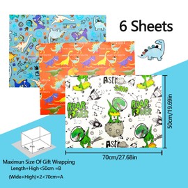Dinosaur Wrapping Paper,Kids Birthday Wrapping Paper，6 Sheets for Boys Girls Baby Dinosaur Gift Wrapping Paper Rolls，Eco Kids Birthday Happy Gift Wrap Paper