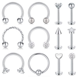 AceFun 16G Lip Piercing Bar Silver Septum Piercing Ring Piercing Cartilage Helix Tragus Ring Hoop Stud Earring Lip Rings Labret Stud Horseshoe Piercing Eyebrow Lip Rings Piercing for Women Men