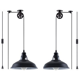Plug in Pendant Light Industrial Pulley Pendant Lamp E26 Vintage Hanging Light Fixture With 16.4ft Cord On/Off Switch For Pool Table,Houseplant Grow lights,Kitchen Island,Sink 2 Pack Black