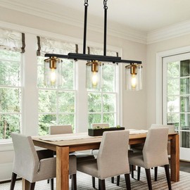 XvmBvm 3-Light Kitchen Island Lighting,Dining Room Lights Modern Farmhouse Chandelier with Clear Glass Shade,Modern Rustic Black and Gold Metal Chandelier, Kitchen Pendant Light Fixtures Over Table