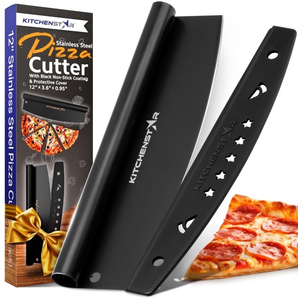 KitchenStar Pizza Cutter Rocker 12 inch Black | Sharp Stainless Steel Pizza Knife Slicer - Rocker Style with Blade Cover - Nonstick Compact Pizza Cutter – Premium Pizza Oven Tools and Accessories