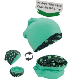 HECKBO Children's Beanie Hat & Scarf, Tube Scarf Set, for Girls and Boys, 95% Cotton, Autumn, Spring, Winter, Dinosaurs