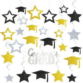 MARFOREVER 48 Pcs Graduation Party Decorations Glitter Black Gold Silver Set, Graduation Hat and Stars Hanging Swirl Ceiling for 2025 High School College Classroom Party Supplies
