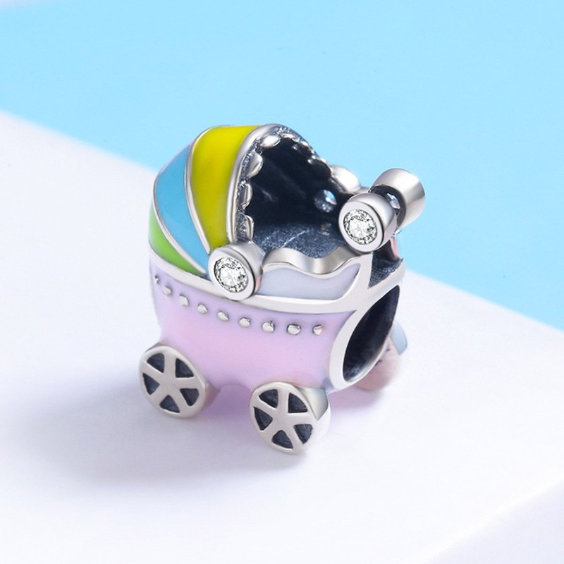 Pink Baby Carriage Charm 925 Sterling Silver Pram Charm Beads