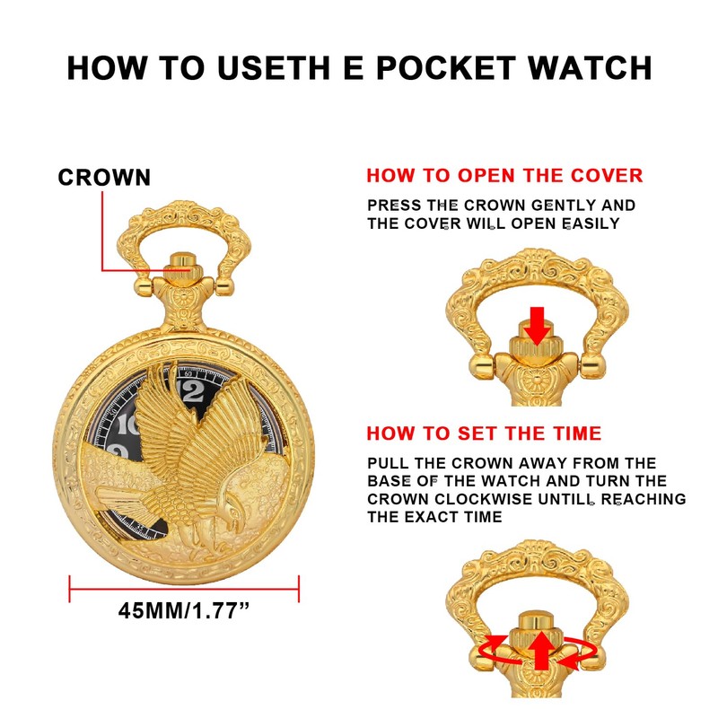 Realpoo Gold Hollowed Out Eagle Quartz Men's Pocket Watch, Arabic
