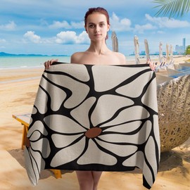 WAITPI Black Boho Floral Beach Towel, Boho Flowers Microfiber Beach Towels Oversized 30x60 Inch for Bathroom, Botanical Quick Dry Travel Sand Free Beach Towel Decor for Swimming Pool Camping