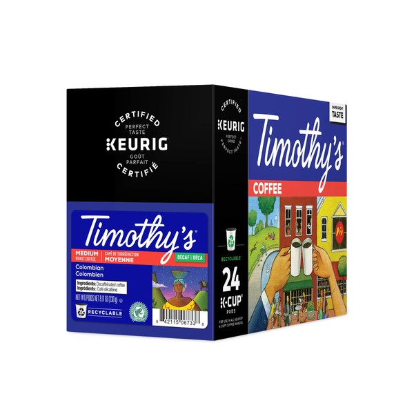 Timothy's, Colombian Decaf , Single-Serve Keurig K-Cup Pods, Medium Roast Coffee, 96 Count (4 Boxes of 24 Pods)